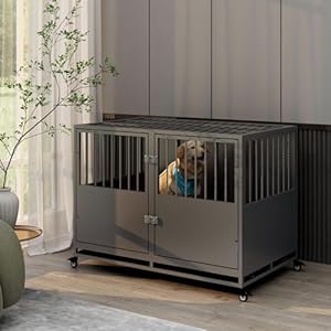 Heavy-Duty-Indestructible-Stackable-Dog-Crate-Steel-Escape-Proof-Indoor-High-Anxiety-Cage-Kennel-with-Four-Lockable-Wheels-Removable-Tray-47-Silver - Cucciolini Doodles   Heavy-Duty-Indestructible-Stackable-Dog-Crate-Steel-Escape-Proof-Indoor-High-Anxiety-Cage-Kennel-with-Four-Lockable-Wheels-Removable-Tray-47-Silver