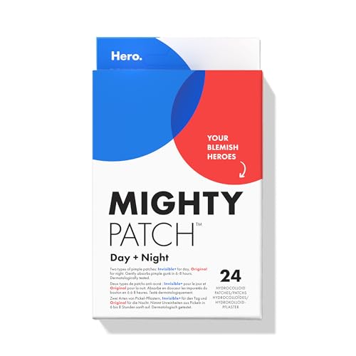 Hero Mighty Patch Day + Night – Patch Bouton Jour &amp; Nuit – Réduit les Boutons en 6H – Technologie Hydrocolloïde – Absorbe les Impuretés – 24 Patchs (12 Jour + 12 Nuit)