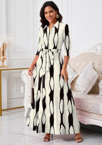 Image of Rumwind Maxi Dresses for Women, 3 /4 Sleeve Shirt Collar Casual Afircan Print Church Dress Button Down with Belt and Pockets