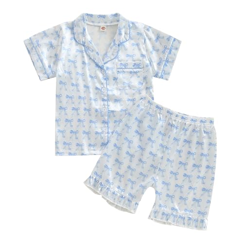 FULA-bao Toddler Baby Girl Silk Pajamas Set Bow Button Up Short Sleeve Shirts Tops and Shorts Floral Girl Satin Pj Sleep Set