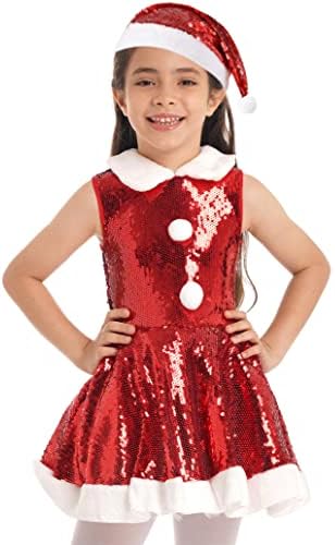 inlzdz Kids Girls Christmas Mrs. Claus Dress Holiday Party Elf Costume Velvet Long Sleeve Clown Collar Pom Pom Trim Dance Dress Red E 6-12 Months