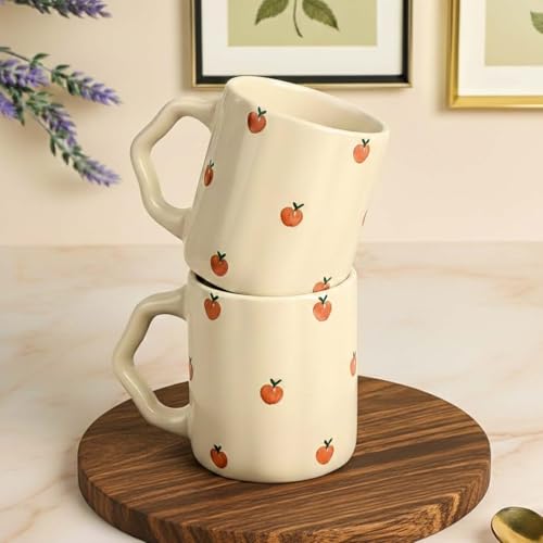 Image of The Earth Store Cream Apple Coffee Mug - 300ML Ceramic Coffee Mugs Set of 2 | Microwave & Dishwasher Safe Mugs for Gift | Home | Office | Restaurant | Daily Use