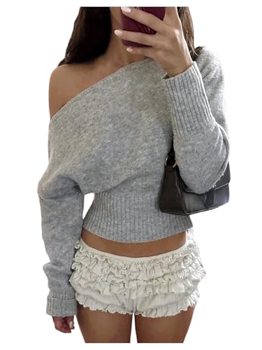 Image of GORGLITTER Women's Asymmetrical Off Shoulder Jumpers Rib Knit Long Sleeve Trendy Sweaters Going Out Tops Light Grey Large