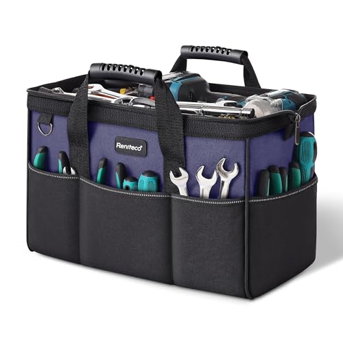 Reniteco 16 inch Heavy Duty Tool Bag for Work | Father's Day Birthday Gift for Dad | Waterproof Oxford Fabric, Wide Mouth Design, Multi-Pocket Organizer with Padded Strap (Blue)