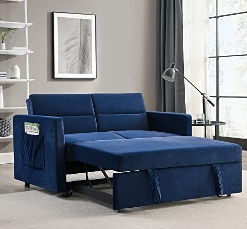 Polibi 54.5'' Modern Convertible Sleeper Sofa Bed with Two Arm Pockets, Velvet Sofa w/Pull-Out Bed Loveseat Sofa Couch and Adjsutable Back for Living Room (Blue)