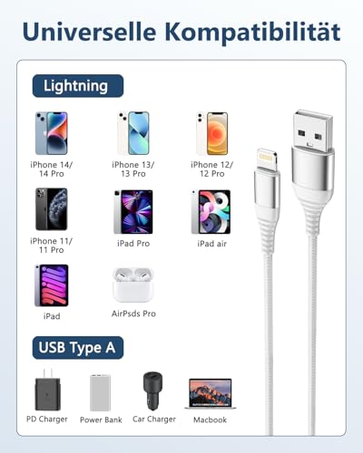 LumFocus iPhone Ladekabel, Lightning Kabel [2Pack 1M+2M] iPhone Schnellladekabel MFi Zertifiziert, Nylon Fast USB Ladekabel für iPhone 14 13 12 11 Pro Max XS Max XR X 8 7 6 6s Plus SE, iPad Air(Weiß)