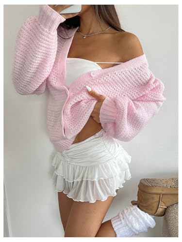 Image of BEAUDRM Women's Button Front Cardigans Drop Shoulder Hollow Out V Neck Long Sleeve Knitted Sweaters Pink Small