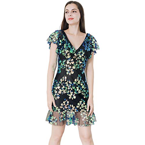 Image of ROYAL SMEELA Sequin Dresses for Women Mini Cocktail Dress Ruffle Sleeve V Neck Glitter Party Dresses for Women Evening