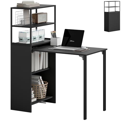 HOMCOM Foldable Computer Desk, Space-Saving Office Desk with 4-Tier Storage Shelves, Industrial Study Table for Small Spaces Home Office Study
