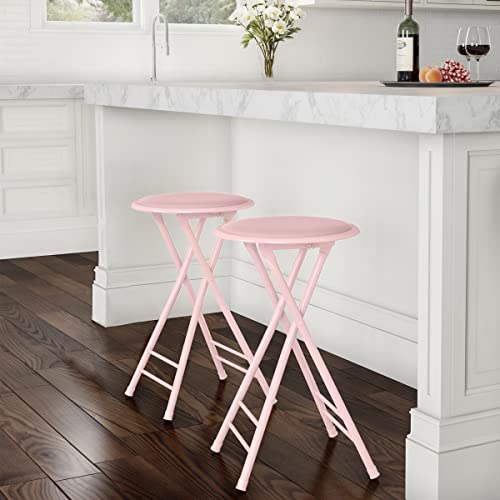 Image of Lavish Home Folding Stool with Padded Backless Seat Set of 2, Pink, 24 inch | Counter Height Bar Stools with 225lb Capacity, Portable Indoor & Outdoor, Extra Seat for Kitchen, Rec Room or Camping
