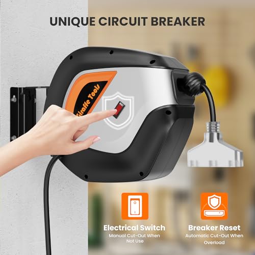 Image of Giraffe Tools Retractable Extension Cord Reel SJT, Heavy Duty Power Cord Reel Wall /Ceiling Mount for Garage with Lighted Triple Tap, 12 Gauge 50FT