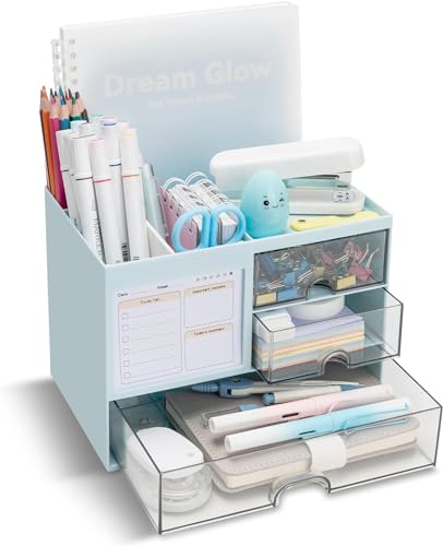Bingobang Desk Organiser with 3 Storage Drawers, Large Capacity Desk Tidy & Pencil Pen Holder with 5 Compartments, Multifunctional Stationery Desktop Organizer for Supplies Office School Home (Blue)