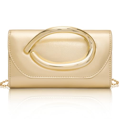 Larcenciel Bolso Mujer Dorado, Elegante Bolso Cuero de Mano con Asa Dorado, Vintage Clutch de Noche de Piel con Cadena Desmontable, Moda Bandolera Carteras para Boda, Fiesta, Cóctele, 22x5x13CM