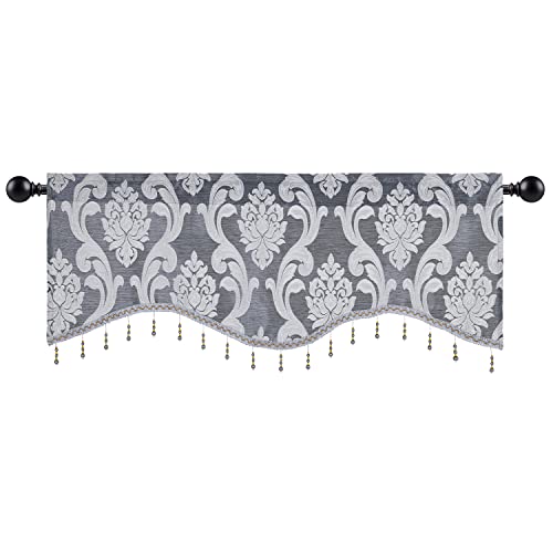 NAPEARL Scalloped Valance Curtains-Decoration Jacquard Swag Valance for Living Room Window, Rod Pocket Valance Tire for Kitchen, Small Windows ( Grey, 52W x 18L )