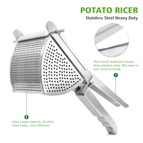 LHS Heavy Duty Potato Ricer and Masher, Stainless Steel Potato Masher, Business Fruit Masher and Food Press for Commercial and Home Use, All Sides Holes