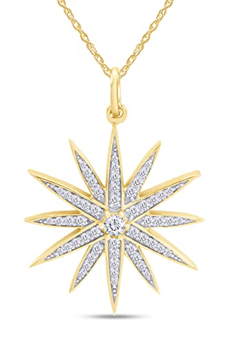 Wishrocks Round Cut White Cubic Zirconia Starburst Pendant Necklace in 14k Yellow Gold Over Sterling Silver Along with 18  Silver Chain