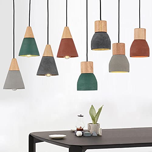 Lampe Suspendue en Ciment E27 Macaron Rouge et Bois Massif - 3