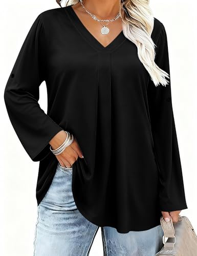 IECCP - Blusas con manga de 3/4, cuello en V, talla extragrande, casual, de moda, de manga larga, camisa suelta para mujer, túnica (1X-5X), Negro, 5XL