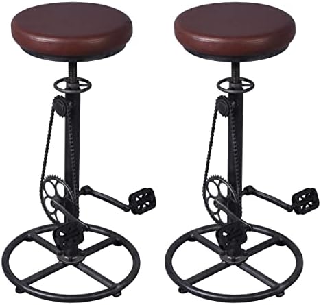 LOKKHAN Rustic Swivel Adjustable Bike Stool-29-37 Kitchen Counter Bar Height-Set of 2 Industrial Farmhouse Countertop Barstools-Metal and PU Leather