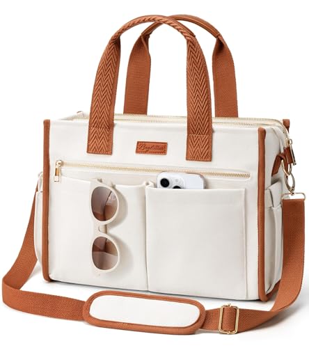 Image of Canvas Tote Bag for Women, 15-Pockets Work Laptop Tote Purse Large Crossbody Nurse Teacher Bible Bag for School Travel Daily | with Strap & Zipper