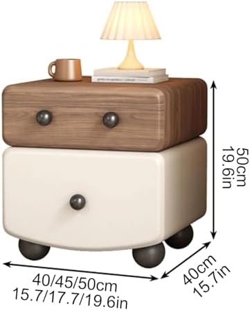 Stylish Bedside Table with 2 Drawers, Leather & Wood Nightstand, Compact Storage Cabinet for Living Room, Lightweight Design (White & Brown, 40cm)