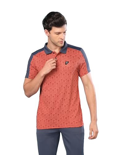 Image of TECHNOSPORT Men's Slim Fit Polyester Sporty Print Athleisure Polo T-Shirt with Half Sleeve, Moisture Wicking and Quick Dry