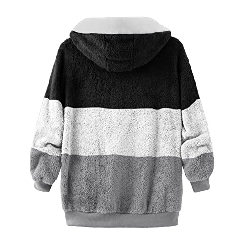 Fuzzy Fleece Jackets for Women Plus Size Hoodies Fall Winter Coats Color Block Patchwork Cardigan Coat with Pockets