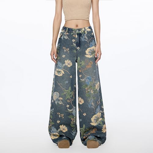 Women's Floral Baggy Jeans Y2k Aesthetics Wide Leg High Waisted Denim Pants Vintage Flower Graphic Grunge Trousers3