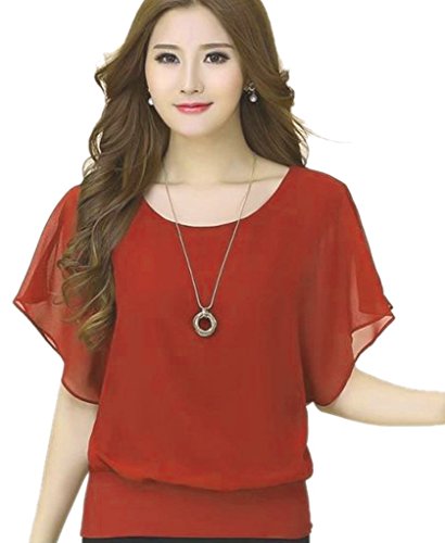 Yo-Yo2015 Women Casual Short Sleeve Slim Batwin Chiffon T-Shirts Tops Blouse