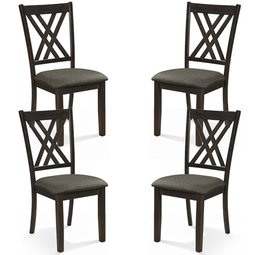 Image of COSTWAY Wooden Dining Chairs Set of 4 with Fabric Padded Seat, Grey | Farmhouse Armless Kitchen Side Chair with Rubber Wood Frame & High Back for Dining Room, Living Room and Restaurant