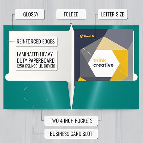 Image of Better Office Products 2 Pocket Glossy Laminated Teal Paper Folders, Box of 25, Letter Size, Teal Paper Portfolios 25 Pack