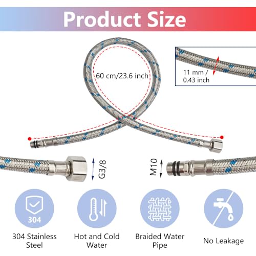 2 Stück 60 cm Anschlussschlauch Armatur,G3/8 x M10 Flexschlauch Verlängerung,Wasserhahn Schlauch Verlängerung,Geflochtener Edelstahl Panzerschlauch 3/8 Zoll für Mischbatterie Küchenarmatur,Rot & Blau