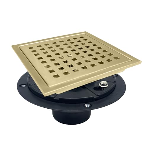 KOOTTI 6 Inch Square Shower Drain with Flange, Removeable Grate SUS 304 Stainless Steel Shower Drain with Hair Catcher (Brushed Gold, 6 Inch) by KOOTTI - Used condition - US$27.74