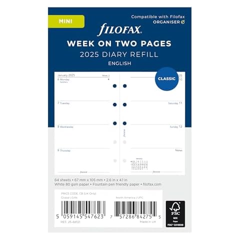 Filofax Calendar Diary Refill, Mini Size, Week-to-View with Notes Section, White Paper, Unruled, English, 2025 (C68121-25) Cover