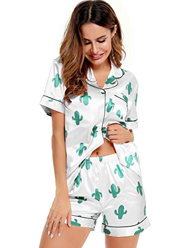 Image of SWOMOG Womens Silk Satin Pajamas Set Short Sleeve Sleepwear Button Down Top and Shorts Loungewear 2 Piece Pjs Set XS-3XL(Cactus White, XX-Large)