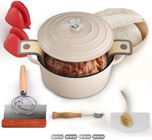 Cast Iron Dutch Oven for Bread Baking, With Banneton Bread Proofing Basket & Sourdough Baking Supplies, 5QT Multi-Functional Enameled Dutch Oven Pot with Lid, Cast Iron Bread Pan, White - Thumbnail 3