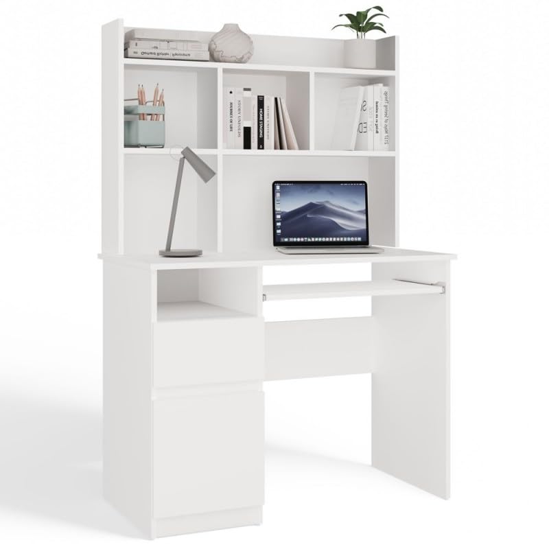 CDF Schreibtisch mit Aufsatz Porto Computertisch Arbeitstisch mit Regal Schublade Schrank Tastaturauszug Home Office Links 98 x 51 x 145 cm - Weiß