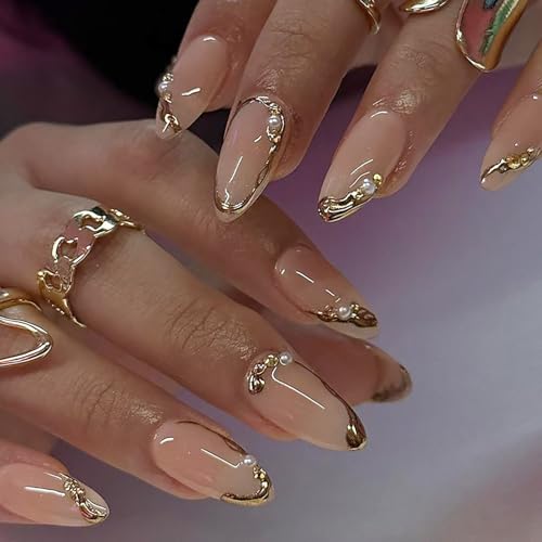 24Pcs Gold French Tip Press on Nails Almond Medium Fake Nails with 3D Diamond Pearl Rhinestones Design Gold Chrome Press ons Nude Pink Acrylic False Nails Glossy Full Cover Glue on Nails for Women