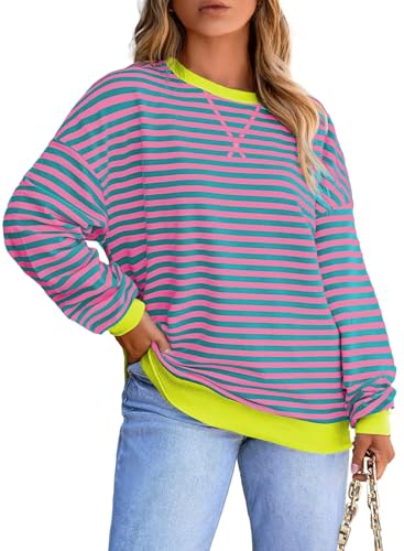 Eytino Plus Size Tops for Women Crew Neck Long Sleeve Striped Color Block Sweatshirts 2026 Fall Fashion Pullover Tops Casual Loose Oversized Shirt Pink 4X