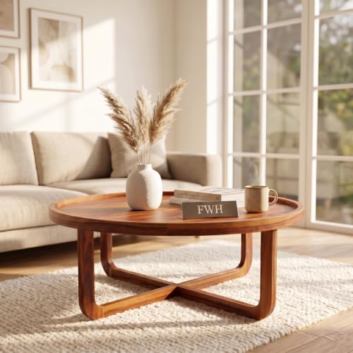 Image of Solid Wood Round Wheel Coffee Table, Wooden Center Table for Home & Office, Round Shape Coffee Table, 32x32x14.5 Inch, (Teak Finish)