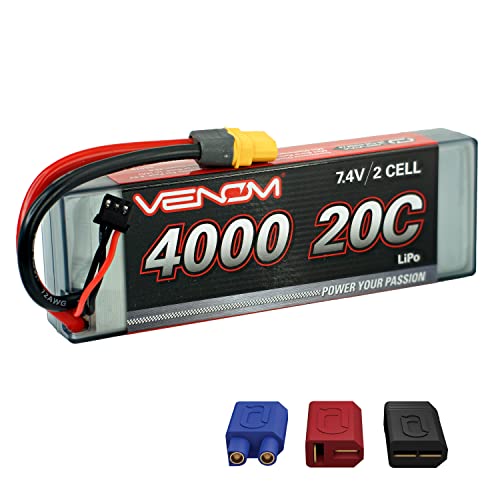 Venom Drive Series 20C 2S 4000Mah 7.4V Lipo Battery - Includes 12 Awg Soft Silicone Wire Connector, Patented Universal Plug/Adapter System Compatible With Deans, Traxxas, And Ec3 Plug Types #TOP8