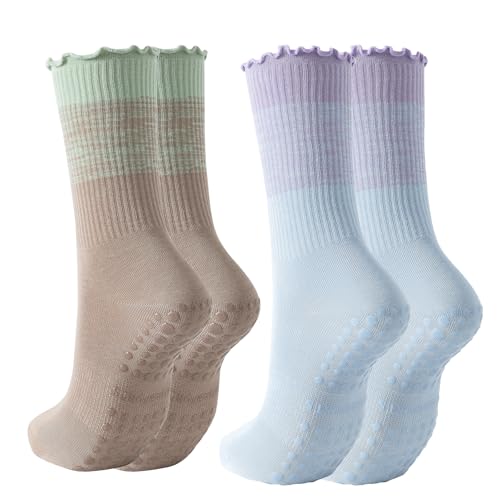 Image of 2 /4 Pairs Pilates Socks with Grips for Women,Cute Grippy Yoga Non Slip Ruffle Sock for Ballet Barre Barefoot Hospital Workout