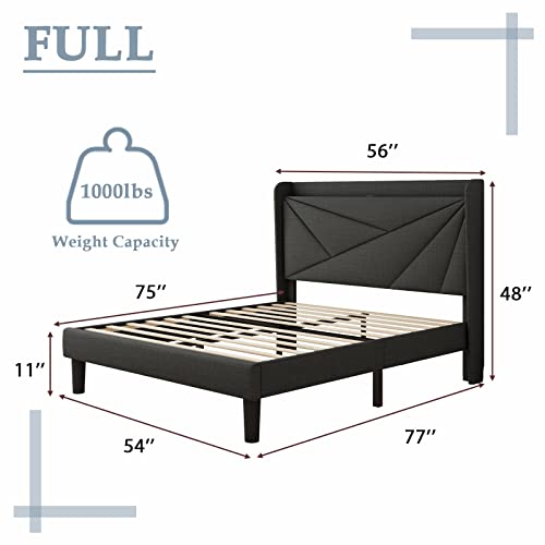 Feonase Full Size Bed Frame With Type-C & Usb Ports, Upholstered Platform Bed Frame With Wingback Storage Headboard, Solid Wood Slats Support, No Box Spring Needed, Noise-Free, Dark Gray #TOP1