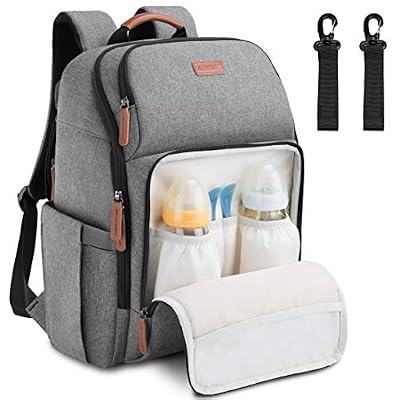 NEWHEY Zaini per pannolini per neonati, impermeabili, di grande capacità, borsa da viaggio, multifunzione, zaino con 2 cinghie per passeggino, per mamma papà, grigio