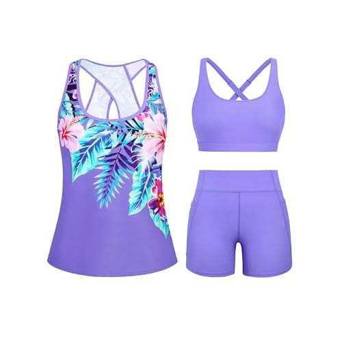 HUSKARY 3 Piece Tankini Swimsuits for Women Swim Tank Top with Bra and High Waist Boy Shorts with Pockets Blue Waves Small