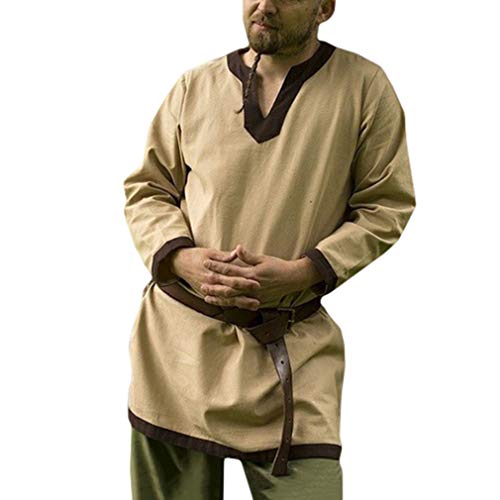 fengduo Camisa Medieval de Hombres Cuello en V Raya Camisetas Vintage Suelto Vikingo Shirt Gótico Steampunk Ropa Tradicional