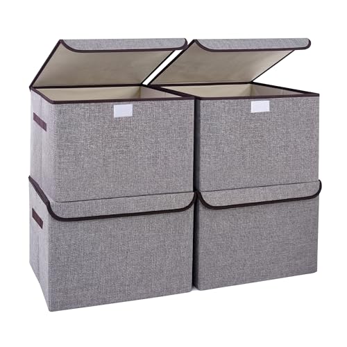 Bagnizer Large 22 Quart Linen Fabric Foldable Storage Bin Cube Organizer Basket with Flip-Top Lid & Handles, Clothes Blanket Box for Home, Office, Closet, Gray, 4 Pack 14.6 x 9.5 x 9.5”