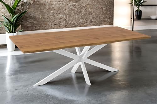 SAM Esstisch Josy | 220 x 100 cm | Holz Wildeiche-Optik | Spider-Gestell Metall Weiß | 40 mm Tischplatte mit Baumkante | Tisch für Esszimmer & Küche