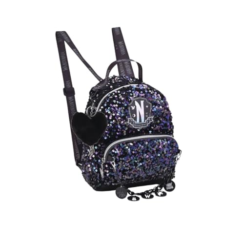Mini Mochila Wandinha Addams Infantil Paetê Chaveiro (Preta)