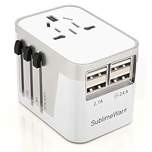 Power Plug Adapter (White) – 4 USB Ports Wall Charger – Fast Charging Adapter for 150 Countries – Multi Port Electric Plug – Type C Type A Type G Type I f for Uk Japan China Eu European By SublimeWare